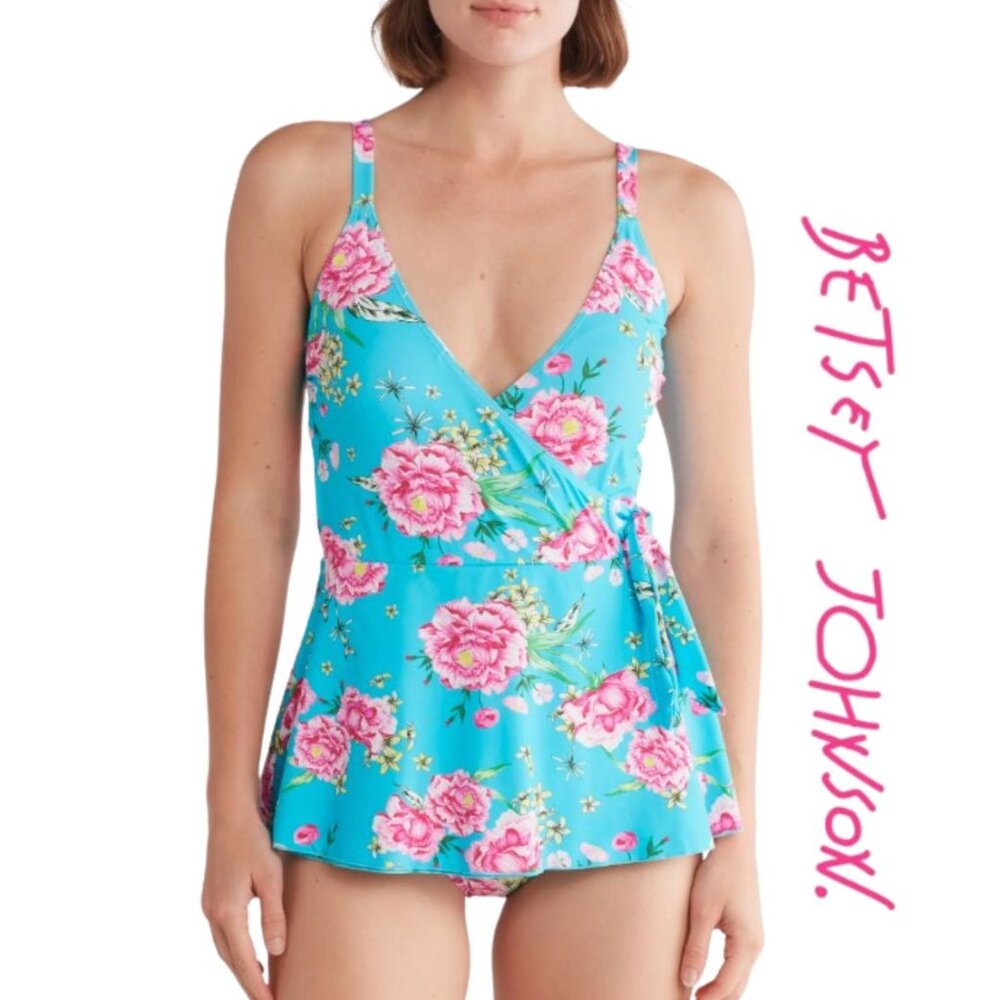 NWT Betsey Johnson Faux Wrap Skirted One-Piece Swimsuit SZ SMALL $128 Sky Peony